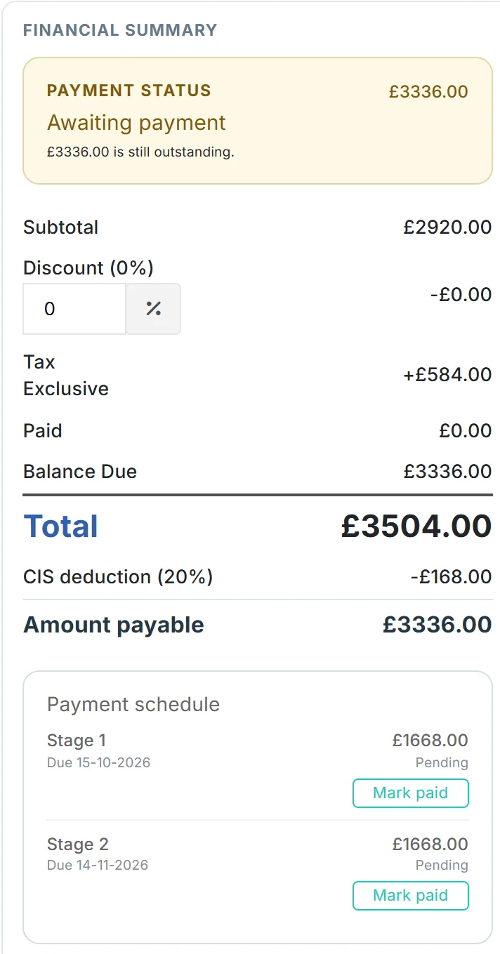 Demo invoice summary in Intrflex showing awaiting payment, a 20% CIS deduction, the amount payable, and a two stage payment schedule