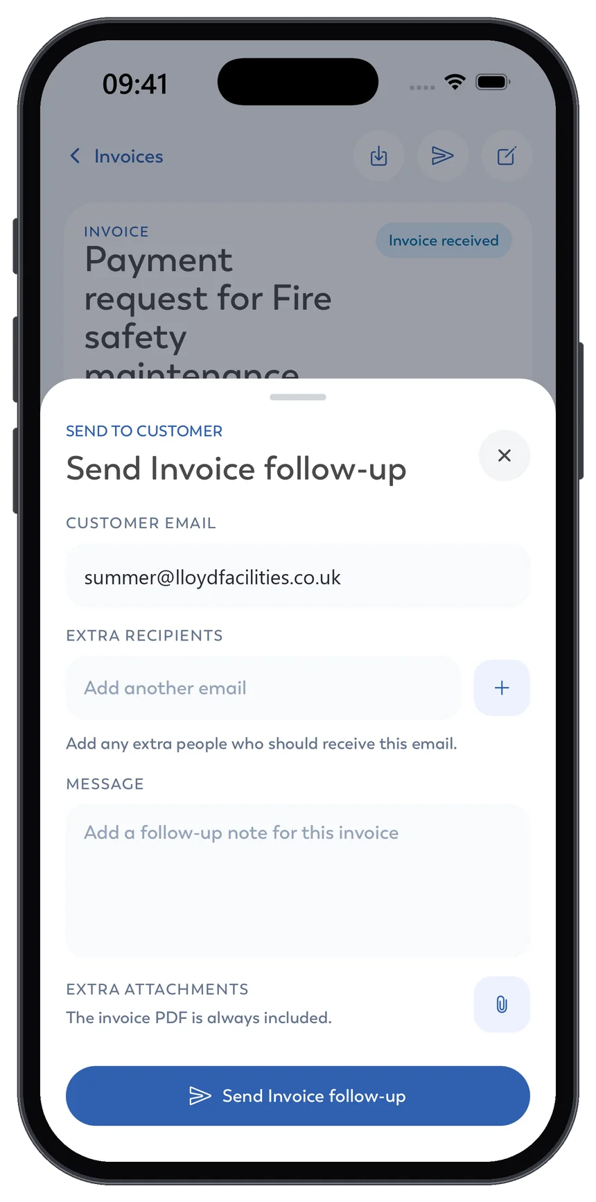 Sending an invoice follow-up with the PDF attached in the Intrflex mobile app