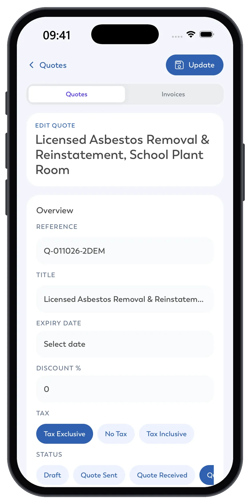 Editing a demo asbestos removal quote in the Intrflex mobile app