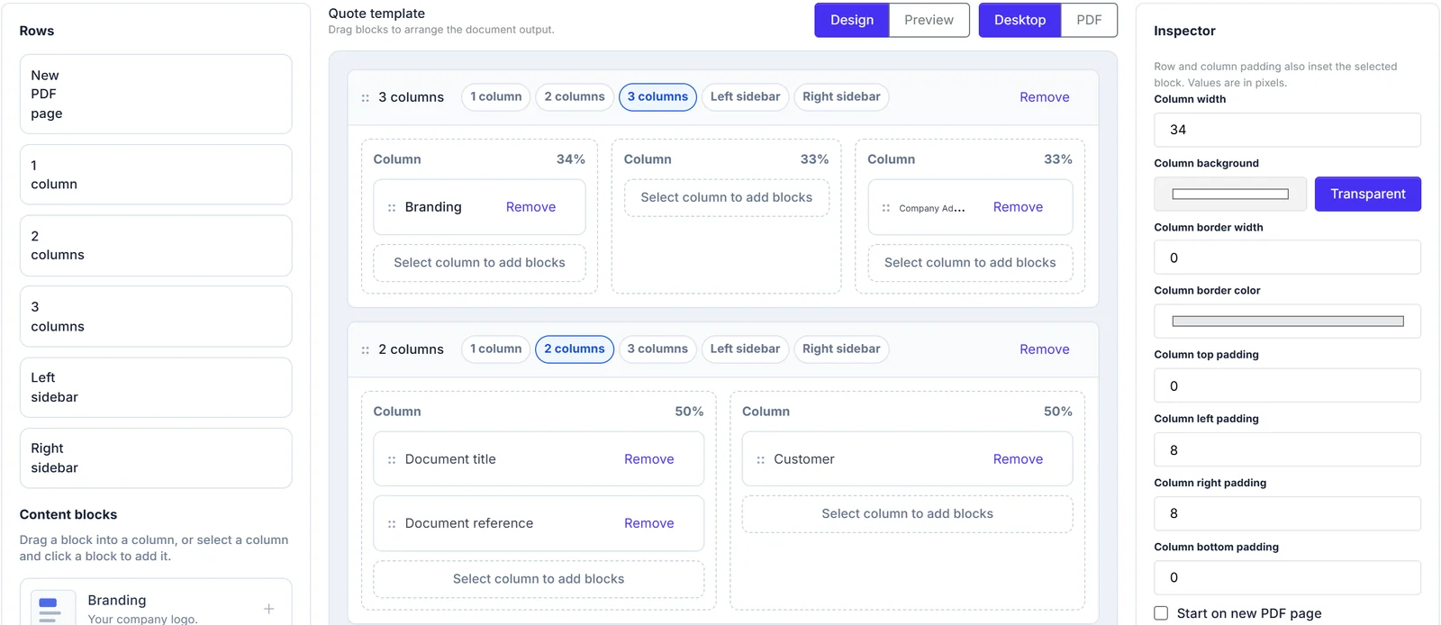 The Intrflex quote template designer with row layouts, content blocks, a drag and drop canvas, and an inspector panel