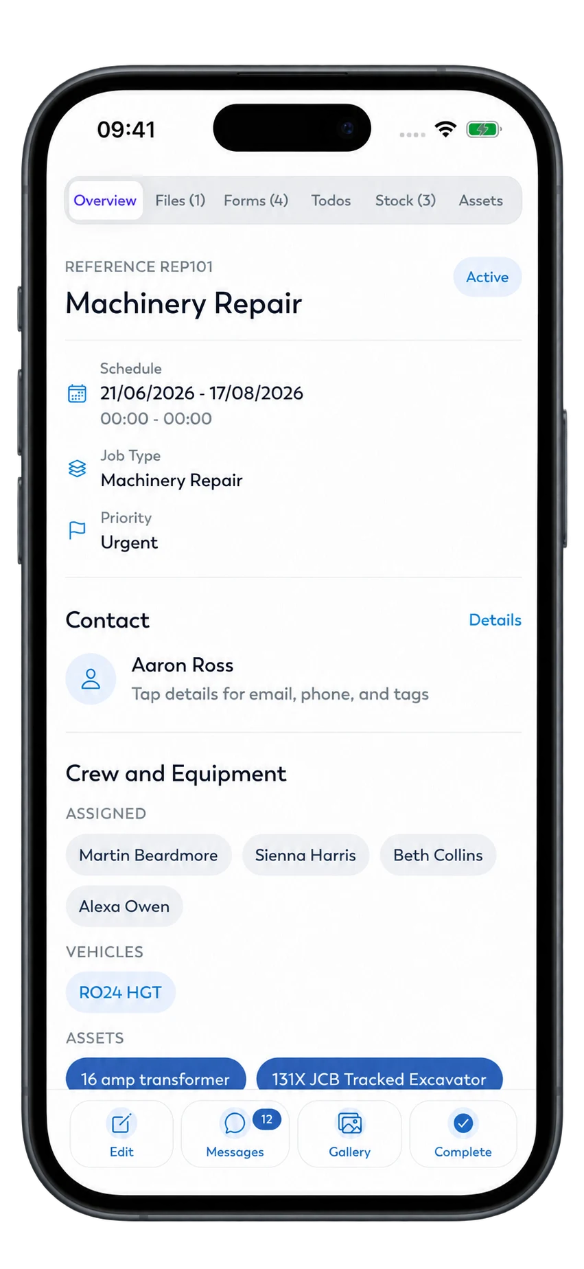 Intrflex mobile app showing a demo work order, schedule, technician assignments, and linked equipment on an iPhone