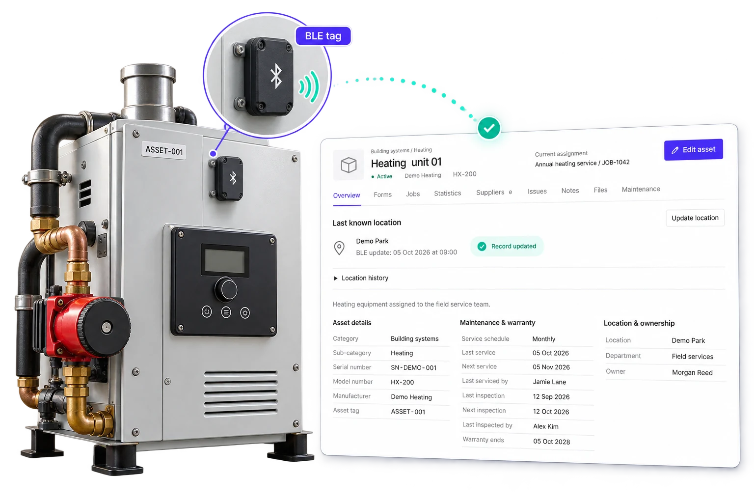 A Bluetooth asset tag alongside its equipment record in Intrflex