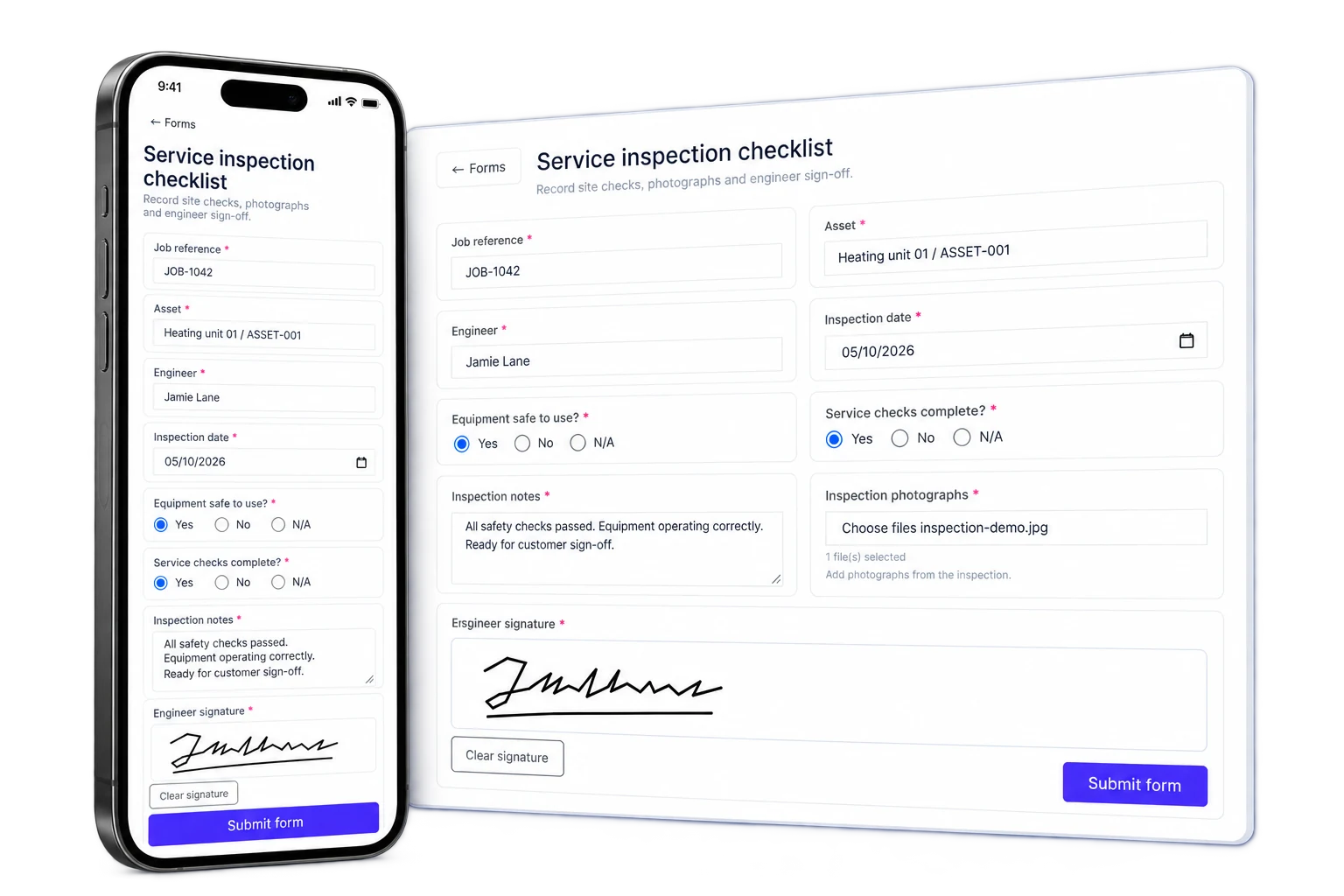 An Intrflex service inspection form with checks and signatures on desktop and mobile
