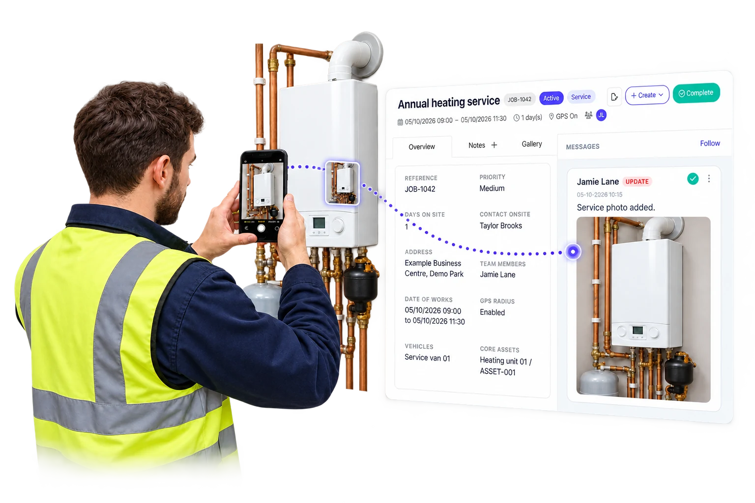 An engineer capturing a service photo and adding it to the Intrflex job record